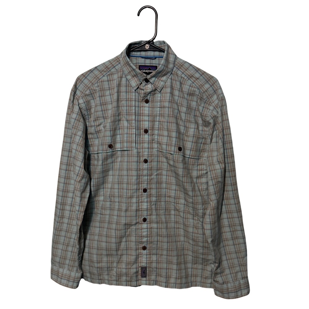 Patagonia Island Hopper Shirt Mens Small Blue Beige Plaid Fishing Vented Outdoor